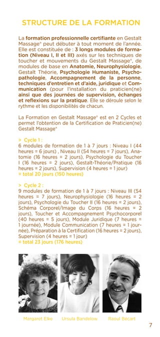 STRUCTURE DE LA FORMATION
La formation professionnelle certifiante en Gestalt
Massage® peut débuter à tout moment de l’année.
Elle est constituée de : 3 longs modules de forma-
tion (Niveau I, II et III) axés sur les techniques de
toucher et mouvements du Gestalt Massage®, de
modules de base en Anatomie, Neurophysiologie,
Gestalt Théorie, Psychologie Humaniste, Psycho-
pathologie, Accompagnement de la personne,
techniques d’entretien et d’aide, juridique et Com-
munication (pour l’installation du praticien(ne)
ainsi que des journées de supervision, échanges
et reflexions sur la pratique. Elle se déroule selon le
rythme et les disponibilités de chacun.
La Formation en Gestalt Massage® est en 2 Cycles et
permet l’obtention de la Certification de Praticien(ne)
Gestalt Massage®
> Cycle 1 :
6 modules de formation de 1 à 7 jours : Niveau I (44
heures = 6 jours) , Niveau II (54 heures = 7 jours), Ana-
tomie (16 heures = 2 jours), Psychologie du Toucher
I (16 heures = 2 jours), Gestalt-Théorie/Pratique (16
heures = 2 jours), Supervision (4 heures = 1 jour)
= total 20 jours (150 heures)
> Cycle 2 :
9 modules de formation de 1 à 7 jours : Niveau III (54
heures = 7 jours), Neurophysiologie (16 heures = 2
jours), Psychologie du Toucher II (16 heures = 2 jours),
Schéma Corporel/Image du Corps (16 heures = 2
jours), Toucher et Accompagnement Psychocorporel
(40 heures = 5 jours), Module Juridique (7 heures =
1 journée), Module Communication (7 heures = 1 jour-
née), Préparation à la Certification (16 heures = 2 jours),
Supervision (4 heures = 1 jour)
= total 23 jours (176 heures)
7
Margaret Elke Ursula Bandelow Raoul Bécart
 