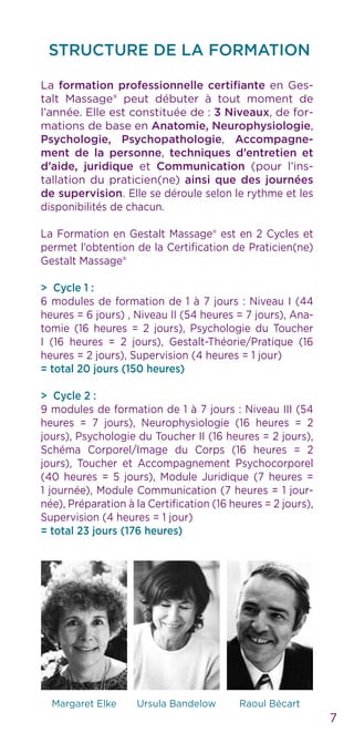 STRUCTURE DE LA FORMATION
La formation professionnelle certifiante en Ges-
talt Massage® peut débuter à tout moment de
l’année. Elle est constituée de : 3 Niveaux, de for-
mations de base en Anatomie, Neurophysiologie,
Psychologie, Psychopathologie, Accompagne-
ment de la personne, techniques d’entretien et
d’aide, juridique et Communication (pour l’ins-
tallation du praticien(ne) ainsi que des journées
de supervision. Elle se déroule selon le rythme et les
disponibilités de chacun.
La Formation en Gestalt Massage® est en 2 Cycles et
permet l’obtention de la Certification de Praticien(ne)
Gestalt Massage®
> Cycle 1 :
6 modules de formation de 1 à 7 jours : Niveau I (44
heures = 6 jours) , Niveau II (54 heures = 7 jours), Ana-
tomie (16 heures = 2 jours), Psychologie du Toucher
I (16 heures = 2 jours), Gestalt-Théorie/Pratique (16
heures = 2 jours), Supervision (4 heures = 1 jour)
= total 20 jours (150 heures)
> Cycle 2 :
9 modules de formation de 1 à 7 jours : Niveau III (54
heures = 7 jours), Neurophysiologie (16 heures = 2
jours), Psychologie du Toucher II (16 heures = 2 jours),
Schéma Corporel/Image du Corps (16 heures = 2
jours), Toucher et Accompagnement Psychocorporel
(40 heures = 5 jours), Module Juridique (7 heures =
1 journée), Module Communication (7 heures = 1 jour-
née), Préparation à la Certification (16 heures = 2 jours),
Supervision (4 heures = 1 jour)
= total 23 jours (176 heures)
7
Margaret Elke Ursula Bandelow Raoul Bécart
 