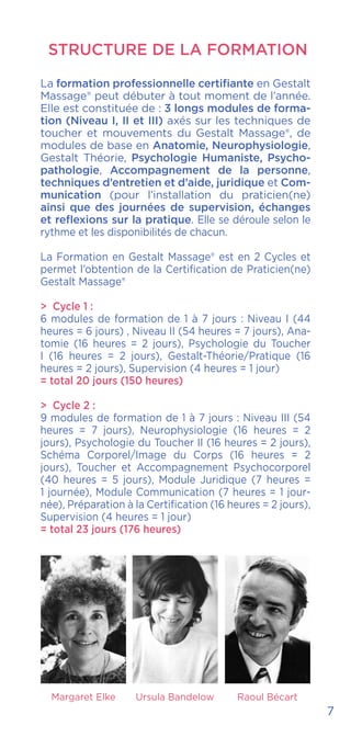STRUCTURE DE LA FORMATION
La formation professionnelle certifiante en Gestalt
Massage® peut débuter à tout moment de l’année.
Elle est constituée de : 3 longs modules de forma-
tion (Niveau I, II et III) axés sur les techniques de
toucher et mouvements du Gestalt Massage®, de
modules de base en Anatomie, Neurophysiologie,
Gestalt Théorie, Psychologie Humaniste, Psycho-
pathologie, Accompagnement de la personne,
techniques d’entretien et d’aide, juridique et Com-
munication (pour l’installation du praticien(ne)
ainsi que des journées de supervision, échanges
et reflexions sur la pratique. Elle se déroule selon le
rythme et les disponibilités de chacun.
La Formation en Gestalt Massage® est en 2 Cycles et
permet l’obtention de la Certification de Praticien(ne)
Gestalt Massage®
> Cycle 1 :
6 modules de formation de 1 à 7 jours : Niveau I (44
heures = 6 jours) , Niveau II (54 heures = 7 jours), Ana-
tomie (16 heures = 2 jours), Psychologie du Toucher
I (16 heures = 2 jours), Gestalt-Théorie/Pratique (16
heures = 2 jours), Supervision (4 heures = 1 jour)
= total 20 jours (150 heures)
> Cycle 2 :
9 modules de formation de 1 à 7 jours : Niveau III (54
heures = 7 jours), Neurophysiologie (16 heures = 2
jours), Psychologie du Toucher II (16 heures = 2 jours),
Schéma Corporel/Image du Corps (16 heures = 2
jours), Toucher et Accompagnement Psychocorporel
(40 heures = 5 jours), Module Juridique (7 heures =
1 journée), Module Communication (7 heures = 1 jour-
née), Préparation à la Certification (16 heures = 2 jours),
Supervision (4 heures = 1 jour)
= total 23 jours (176 heures)
7
Margaret Elke Ursula Bandelow Raoul Bécart
 