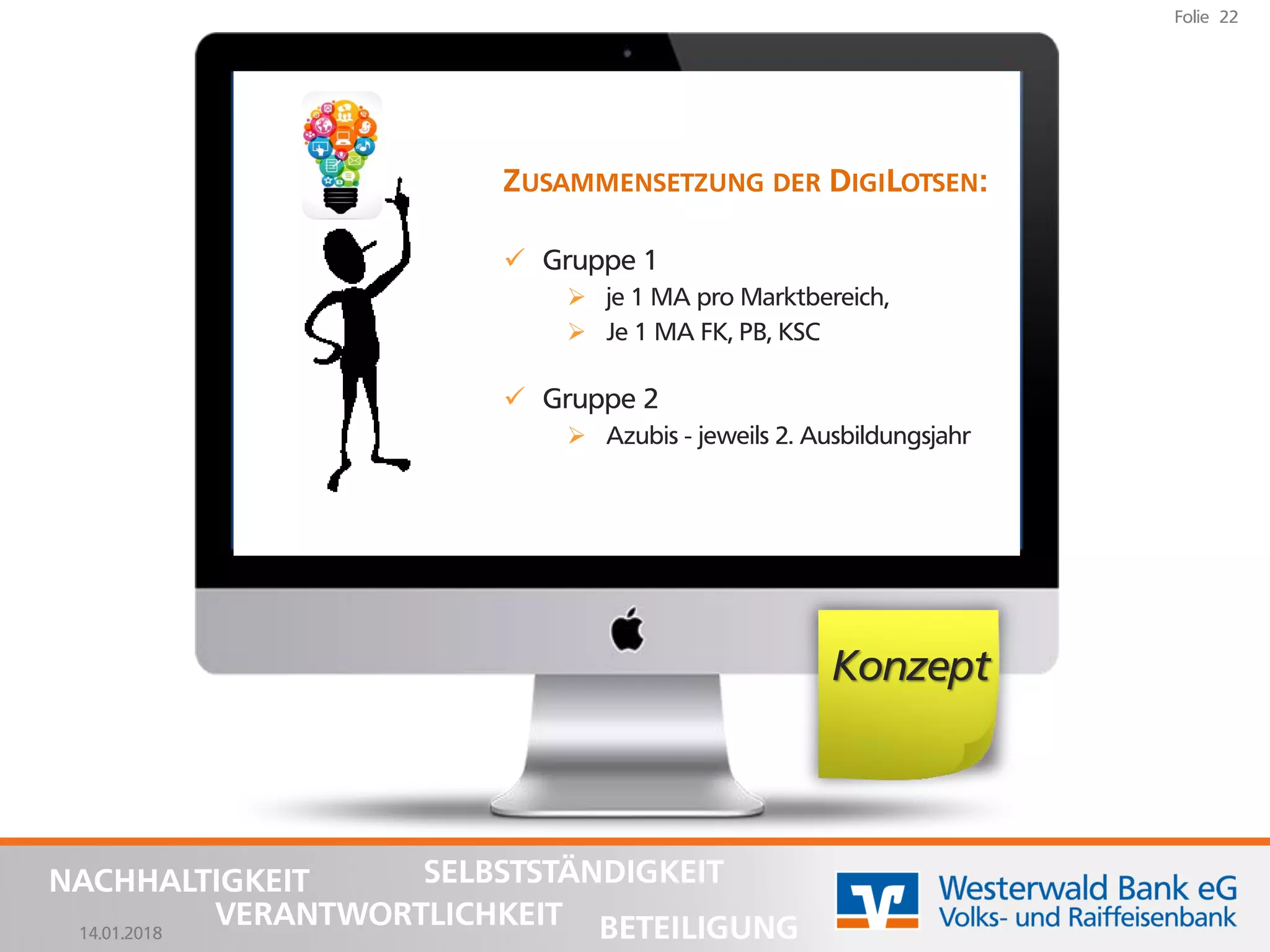14.01.2018
Folie 22
NACHHALTIGKEIT
BETEILIGUNG
SELBSTSTÄNDIGKEIT
VERANTWORTLICHKEIT
Konzept
ZUSAMMENSETZUNG DER DIGILOTSEN:
✓ Gruppe 1
➢ je 1 MA pro Marktbereich,
➢ Je 1 MA FK, PB, KSC
✓ Gruppe 2
➢ Azubis - jeweils 2. Ausbildungsjahr
 