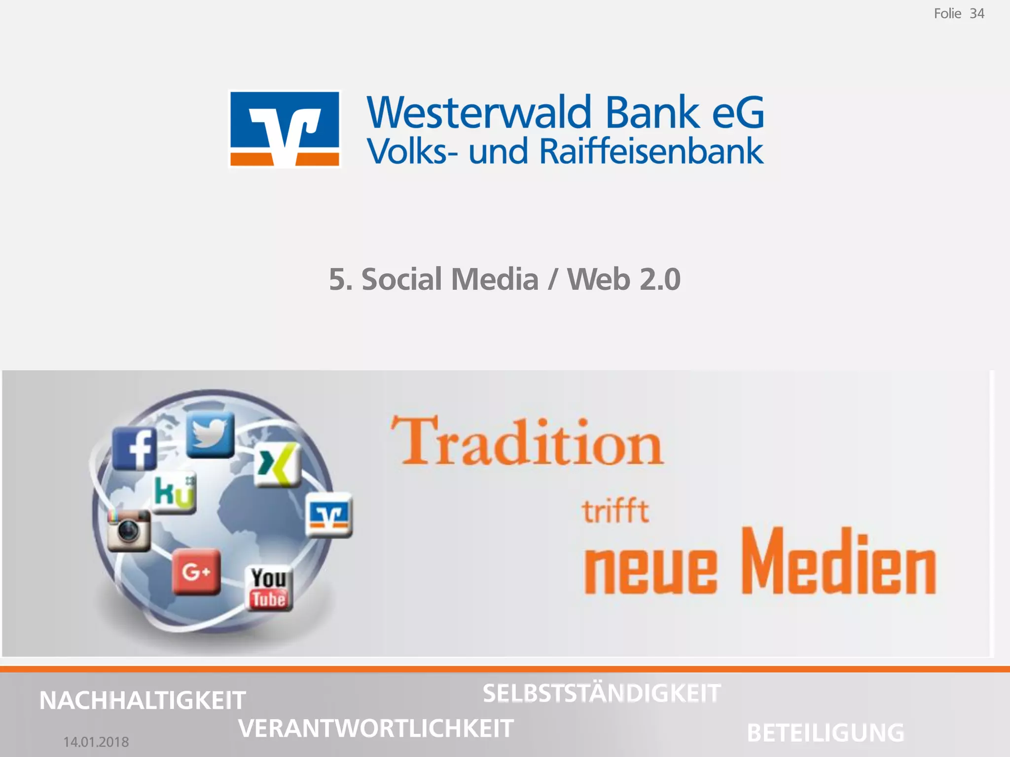 14.01.2018
Folie 34
NACHHALTIGKEIT
BETEILIGUNG
SELBSTSTÄNDIGKEIT
VERANTWORTLICHKEIT
Folie 34
14.01.2018
NACHHALTIGKEIT
BETEILIGUNG
SELBSTSTÄNDIGKEIT
VERANTWORTLICHKEIT
5. Social Media / Web 2.0
 