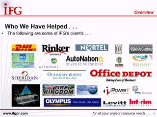 Who We Have Helped . . . The following are some of IFG’s client's . . . Overview 