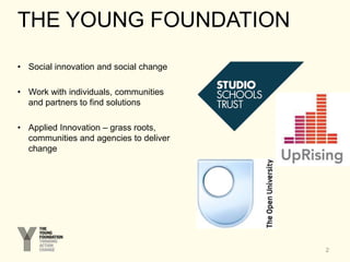 THE YOUNG FOUNDATION
• Social innovation and social change
• Work with individuals, communities
and partners to find solutions
• Applied Innovation – grass roots,
communities and agencies to deliver
change
2
 