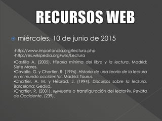  miércoles, 10 de junio de 2015
-http://www.importancia.org/lectura.php
-http://es.wikipedia.org/wiki/Lectura
•Castillo A. (2005). Historia mínima del libro y la lectura. Madrid:
Siete Mares.
•Cavallo, G. y Chartier, R. (1996). Historia de una teoría de la lectura
en el mundo occidental. Madrid: Taurus.
•Chartier, A. M. y Hébrad, J. (1994). Discursos sobre la lectura.
Barcelona: Gedisa.
•Chartier, R. (2001). «¿Muerte o transfiguración del lector?». Revista
de Occidente. (239).
 