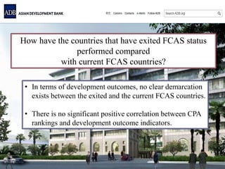 How have the countries that have exited FCAS status
performed compared
with current FCAS countries?
• In terms of development outcomes, no clear demarcation
exists between the exited and the current FCAS countries.
• There is no significant positive correlation between CPA
rankings and development outcome indicators.
 