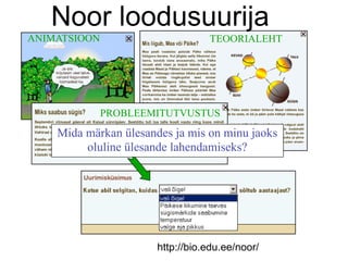 Noor loodusuurija
ANIMATSIOON                       TEOORIALEHT




              PROBLEEMITUTVUSTUS
    Mida märkan ülesandes ja mis on minu jaoks
         oluline ülesande lahendamiseks?




                       http://bio.edu.ee/noor/
 