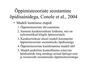 Õppimisteooriate seostamine
õpidisainidega, Conole et al., 2004
 •  Mudeli loomisese etapid:
    1. Õppimisteooriate ülevaatamine.
    2. Sarnaste karakteristikute leidmine, mis on
      iseloomulikud kõigile õpiteooriatele
    3. Karakteristikute alusel mudeli koostamine
      õppimisteooriate seostamiseks õpidisainiga.
    4. Õppimisteooriate kaardistamine mudeli abil
    5. Mudeli praktiline kontrollimine erinevate
      õpidisainide ning nendega seotud õpitegevuste
      ja ressursside seostamiseks õppimisteooriatega
 