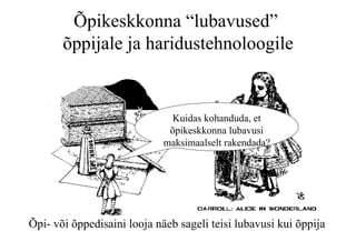 Õpikeskkonna “lubavused”
       õppijale ja haridustehnoloogile


                               Kuidas kohanduda, et
                              õpikeskkonna lubavusi
                             maksimaalselt rakendada?




Õpi- või õppedisaini looja näeb sageli teisi lubavusi kui õppija
 