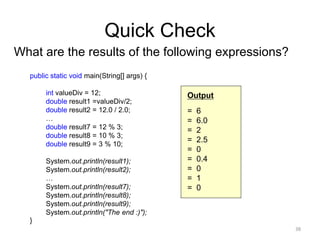 Quick Check
What are the results of the following expressions?
public static void main(String[] args) {
int valueDiv = 12;
double result1 =valueDiv/2;
double result2 = 12.0 / 2.0;
…
double result7 = 12 % 3;
double result8 = 10 % 3;
double result9 = 3 % 10;
System.out.println(result1);
System.out.println(result2);
…
System.out.println(result7);
System.out.println(result8);
System.out.println(result9);
System.out.println("The end :)");
}
38
Output
= 6
= 6.0
= 2
= 2.5
= 0
= 0.4
= 0
= 1
= 0
 