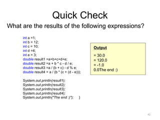 Quick Check
What are the results of the following expressions?
int a =1;
int b = 12;
int c = 10;
int d =4;
int e = 3;
double result1 =a+b+c+d+e;
double result2 =a + b * c - d / e;
double result3 =a / (b + c) - d % e;
double result4 = a / (b * (c + (d - e)));
System.out.println(result1);
System.out.println(result2);
System.out.println(result3);
System.out.println(result4);
System.out.println("The end :)"); }
42
Output
= 30.0
= 120.0
= -1.0
0.0The end :)
 