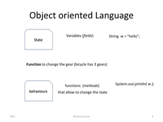 Object oriented Language
State
Variables (fields)
behaviours
functions (methods)
that allow to change the state
Function to change the gear (bicycle has 3 gears)
@ Sonia Sousa 62015
System.out.println( w );
String w = "hello";
 