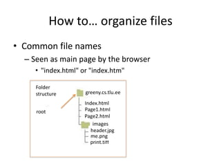 How to… organize files
• Common file names
– Seen as main page by the browser
• "index.html" or "index.htm"
greeny.cs.tlu.ee
Page2.html
Page1.html
Index.html
print.tiff
me.png
header.jpg
images
root
Folder
structure
 