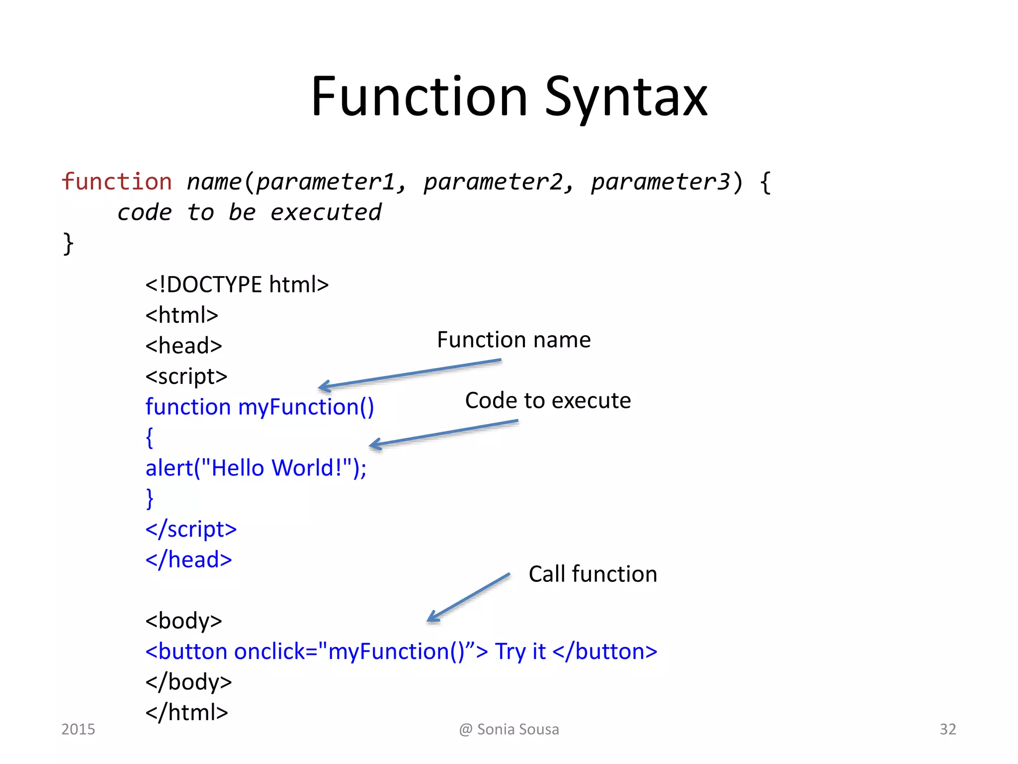 Function Syntax
function name(parameter1, parameter2, parameter3) {
code to be executed
}
<!DOCTYPE html>
<html>
<head>
<script>
function myFunction()
{
alert("Hello World!");
}
</script>
</head>
<body>
<button onclick="myFunction()”> Try it </button>
</body>
</html>
Function name
Code to execute
Call function
2015 @ Sonia Sousa 32
 