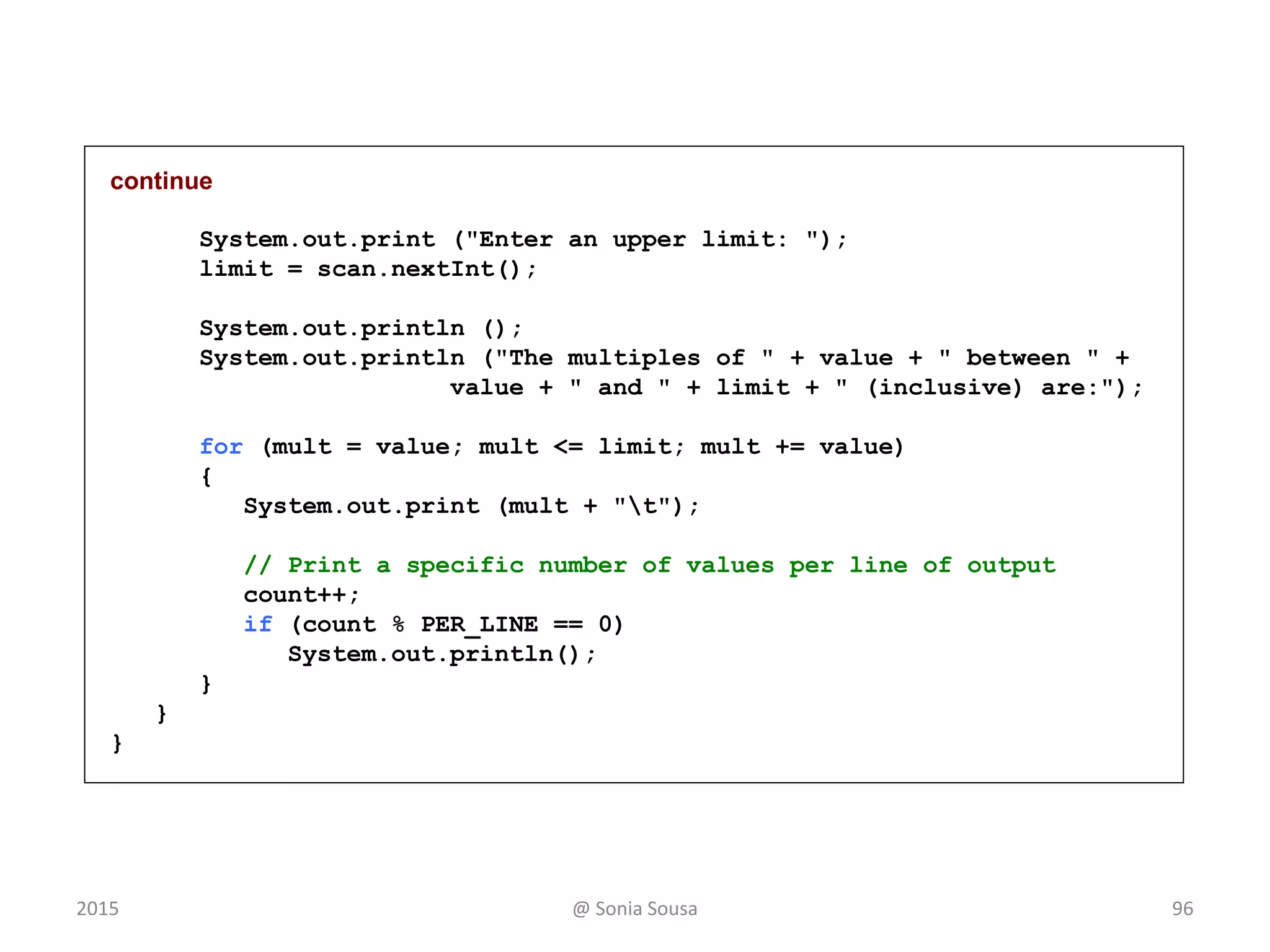 continue
System.out.println ("Smith balance after withdrawal: " +
acct2.withdraw (430.75, 1.50));
acct1.addInterest();
acct2.addInterest();
acct3.addInterest();
System.out.println ();
System.out.println (acct1);
System.out.println (acct2);
System.out.println (acct3);
}
}
@ Sonia Sousa 962015
 