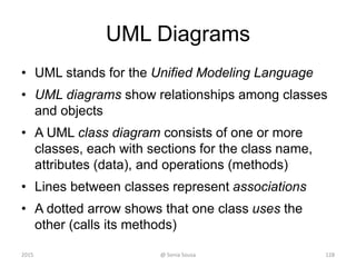 UML Diagrams
• UML stands for the Unified Modeling Language
• UML diagrams show relationships among classes
and objects
• A UML class diagram consists of one or more
classes, each with sections for the class name,
attributes (data), and operations (methods)
• Lines between classes represent associations
• A dotted arrow shows that one class uses the
other (calls its methods)
@ Sonia Sousa 1282015
 