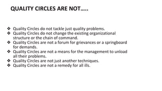 QUALITY CIRCLES ARE NOT…..
❖ Quality Circles do not tackle just quality problems.
❖ Quality Circles do not change the existing organizational
structure or the chain of command.
❖ Quality Circles are not a forum for grievances or a springboard
for demands.
❖ Quality Circles are not a means for the management to unload
all their problems.
❖ Quality Circles are not just another techniques.
❖ Quality Circles are not a remedy for all ills.
 