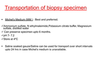 Transportation of biopsy specimen
 Michel’s Medium (MM ) : Best and preferred.
Ammonium sulfate, N ethylmaleimide,Potassium citrate buffer, Magnesium
sulfate, distilled water
 Can preserve specimen upto 6 months.
pH 7- 7.2
Store at 4ºC
 Saline soaked gauze/Saline can be used for transport over short intervals
upto 24 hrs in case Michel’s medium is unavailable.
 
