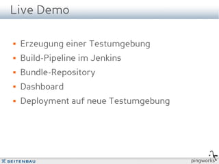 Live Demo

   Erzeugung einer Testumgebung
   Build-Pipeline im Jenkins
   Bundle-Repository
   Dashboard
   Deployment auf neue Testumgebung




                                       pingworks
 