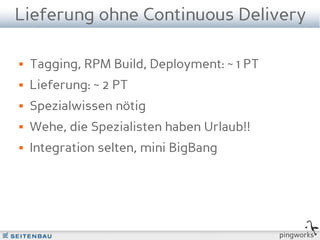 Lieferung ohne Continuous Delivery

   Tagging, RPM Build, Deployment: ~ 1 PT
   Lieferung: ~ 2 PT
   Spezialwissen nötig
   Wehe, die Spezialisten haben Urlaub!!
   Integration selten, mini BigBang




                                             pingworks
 