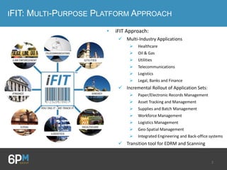 2
IFIT: MULTI-PURPOSE PLATFORM APPROACH
• iFIT Approach:
 Multi-Industry Applications
 Healthcare
 Oil & Gas
 Utilities
 Telecommunications
 Logistics
 Legal, Banks and Finance
 Incremental Rollout of Application Sets:
 Paper/Electronic Records Management
 Asset Tracking and Management
 Supplies and Batch Management
 Workforce Management
 Logistics Management
 Geo-Spatial Management
 Integrated Engineering and Back-office systems
 Transition tool for EDRM and Scanning
 