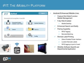 31
IFIT: THE IMOBILITY PLATFORM
• Android Enhanced Mobile Line:
 Feature Rich Multi-Function
Mobile Management
 Fully Web Enabled
 Mobile Desktop
 Enhanced Search and Notify
 Pairing Capability
 RFID Tagging
 Barcode Matching
 Remote Label Printing
 Zebra Portable Printer interface
 Location Barcode Labels
 RFID tagging at point of need
 iMobility Software Specific per
Departmental Application
Technology Solutions (UK) Ltd
Product List Prices
1128 Bluetooth® UHFRFID Reader
Description Part Number Contents
Regional
Availability
List Price
(GBP)
Approx
List Price
(EUR)
Approx
List Price
(USD)
1128 Bluetooth® UHF RFID
Reader with UHF Antenna
and Trigger Handle
1128-EU-BT-UHF-A1 (ETSI)
1128-US-BT-UHF-A1 (FCC)
1128 Bluetooth® UHF RFID reader with UHF
antenna & trigger handle, battery, battery cover,
Micro USB cable, USB charger
EU, US £795.00 €961.95 $1,311.75
1128 Bluetooth® UHF RFID
Reader with 2D Imager, UHF
Antenna and Trigger Handle
1128-EU-BT-UHF-IMG(ETSI)
1128-US-BT-UHF-IMG(FCC)
1128 Bluetooth® UHF RFID Reader with 2D
Imager, UHF antenna, trigger handle, battery,
battery cover, Micro USB cable, USB charger
EU, US £925.00 €1,119.25 $1,526.25
1128 Slimline Grip
attachment
1128-SLG 1x Slimline Grip attachment EU,US £25.00 €30.25 $41.25
Belt Holster for 1128 1128-HOLST-01-SLG 1x Belt Holster (to fit 1128 with slimline grip) EU,US £35.00 €42.35 $57.75
The new 1128 Bluetooth® UHF RFID Reader is designed to read and write to EPC
Class 1 Gen 2 (ISO18000-6C) UHF transponders and communicate with a variety of
host devices via Bluetooth® wireless technology. With its Impinj R2000 core and
range of interchangeable high performance antennas, the 1128 performs like no
other reader, giving the user the highest levels of flexibility currently available in
today’s market. Arange of customisable holders are available by request* . The 1128
can also be configured with class leading high performance 2D data scanning.
ner
n to
ows
y.
ementary
options.
tcard
simple
 