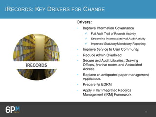 4
IRECORDS: KEY DRIVERS FOR CHANGE
Drivers:
• Improve Information Governance
 Full Audit Trail of Records Activity
 Streamline internal/external Audit Activity
 Improved Statutory/Mandatory Reporting
• Improve Service to User Community.
• Reduce Admin Overhead
• Secure and Audit Libraries, Drawing
Offices, Archive rooms and Associated
Access.
• Replace an antiquated paper management
Application.
• Prepare for EDRM
• Apply iFITs’ Integrated Records
Management (IRM) Framework
 