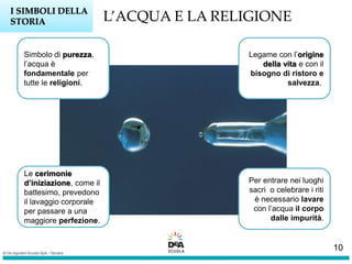L’ACQUA E LA RELIGIONEI SIMBOLI DELLA
STORIA
Simbolo di purezza,
l’acqua è
fondamentale per
tutte le religioni.
Legame con l’origine
della vita e con il
bisogno di ristoro e
salvezza..
Le cerimonie
d’iniziazione, come il
battesimo, prevedono
il lavaggio corporale
per passare a una
maggiore perfezione.
Per entrare nei luoghi
sacri o celebrare i riti
è necessario lavare
con l’acqua il corpo
dalle impurità.
10
 