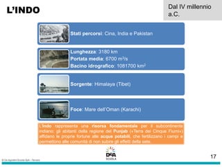 L’INDO Dal IV millennio
a.C.
Stati percorsi: Cina, India e Pakistan
Lunghezza: 3180 km
Portata media: 6700 m3/s
Bacino idrografico: 1081700 km2
Sorgente: Himalaya (Tibet)
Foce: Mare dell’Oman (Karachi)
L’Indo rappresenta una risorsa fondamentale per il subcontinente
indiano: gli abitanti della regione del Punjab («Terra dei Cinque Fiumi»)
affidano le proprie fortune alle acque potabili, che fertilizzano i campi e
permettono alle comunità di non subire gli effetti della sete.
17
 