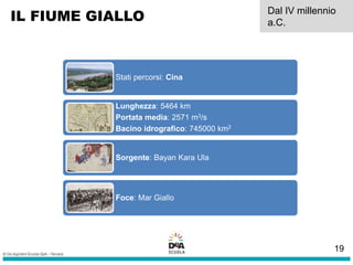 IL FIUME GIALLO Dal IV millennio
a.C.
Stati percorsi: Cina
Lunghezza: 5464 km
Portata media: 2571 m3/s
Bacino idrografico: 745000 km2
Sorgente: Bayan Kara Ula
Foce: Mar Giallo
19
 