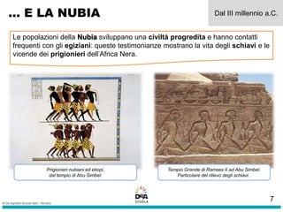 … E LA NUBIA Dal III millennio a.C.
Le popolazioni della Nubia sviluppano una civiltà progredita e hanno contatti
frequenti con gli egiziani: queste testimonianze mostrano la vita degli schiavi e le
vicende dei prigionieri dell’Africa Nera.
Prigionieri nubiani ed etiopi,
dal tempio di Abu Simbel.
Tempio Grande di Ramses II ad Abu Simbel.
Particolare del rilievo degli schiavi.
7
 