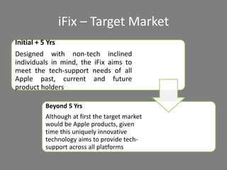 iFix – Target Market
Initial + 5 Yrs
Designed with non-tech inclined
individuals in mind, the iFix aims to
meet the tech-support needs of all
Apple past, current and future
product holders
Beyond 5 Yrs
Although at first the target market
would be Apple products, given
time this uniquely innovative
technology aims to provide tech-
support across all platforms
 