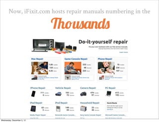 Now, iFixit.com hosts repair manuals numbering in the

                            Thousands




Wednesday, December 5, 12
 