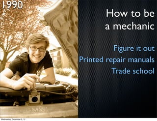 1990
                                    How to be
                                    a mechanic
                                       Figure it out
                            Printed repair manuals
                                      Trade school




Wednesday, December 5, 12
 