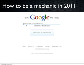 How to be a mechanic in 2011




Wednesday, December 5, 12
 