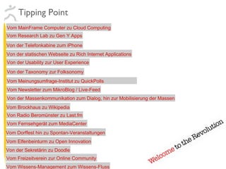 Tipping Point Vom Meinungsumfrage-Institut zu QuickPolls Vom Research Lab zu Gen Y Apps Vom MainFrame Computer zu Cloud Computing Von der Telefonkabine zum iPhone Von der statischen Webseite zu Rich Internet Applications Von der Massenkommunikation zum Dialog, hin zur Mobilisierung der Massen Von der Usability zur User Experience Vom Newsletter zum MikroBlog / Live-Feed Vom Elfenbeinturm zu Open Innovation Vom Brockhaus zu Wikipedia Vom Fernsehgerät zum MediaCenter Vom Dorffest hin zu Spontan-Veranstaltungen Von der Sekretärin zu Doodle Von Radio Beromünster zu Last.fm Vom Freizeitverein zur Online Community Von der Taxonomy zur Folksonomy Vom Wissens-Management zum Wissens-Fluss 