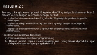 Seorang tukang kue mempunyai 16 kg telur dan 24 kg terigu. Ia akan membuat 3
macam kue isi dengan ketentuan sebagai berikut :
– 1 toples Kue isi nanas memerlukan 1 kg telur dan 2 kg terigu dengan keuntungan Rp
10.000/toples.
– 1 toples Kue isi keju memerlukan 3 kg telur dan 5 kg terigu dengan keuntungan Rp
40.000/toples.
– 1 toples Kue isi coklat memerlukan 2 kg telur dan 2 kg terigu dengan keuntungan Rp
20.000/toples.
• Berdasarkan informasi tersebut :
a). Formulasikan model linier programming
b). Berapa jumlah toples masing‐masing kue yang harus diproduksi agar
didapatkan keuntungan yang maksimal ?
Kasus # 2 :
 