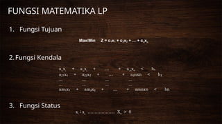 1. Fungsi Tujuan
Max/Min Z = c x + c x + ... + c
₁ ₁ ₂ ₂ nxn
2.Fungsi Kendala
a₁₁x₁ + a₁₂x₂ + … + a n
₁ xn < b₁
a x + a x + … + a nxn < b
₂₁ ₁ ₂₂ ₂ ₂ ₂
... ... ... ...
... ... ... ...
am x + am x + … + amnxn < bn
₁ ₁ ₂ ₂
3. Fungsi Status
x₁ ; x₂ ……………….. Xn > 0
FUNGSI MATEMATIKA LP
 
