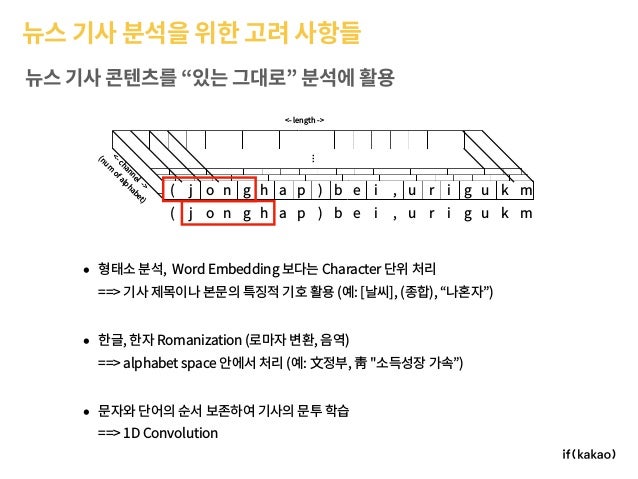 ë´ì¤ ê¸°ì¬ ë¶ìì ìí ê³ ë ¤ ì¬í­ë¤
ë´ì¤ ê¸°ì¬ ì½íì¸ ë¥¼ âìë ê·¸ëë¡â ë¶ìì íì©
â¢ ííì ë¶ì, Word Embedding ë³´ë¤ë Character ë¨ì ì²ë¦¬â¨
==> ê¸°ì¬ ì ëª©ì´ë ë³¸ë¬¸ì í¹ì§ì  ê¸°í¸ íì© (ì:...