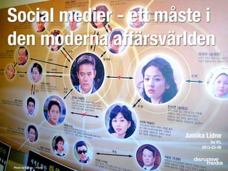 Social medier - ett måste i
den moderna affärsvärlden



                           Annika Lidne
                                    for IFL
                                2013-03-06



Photo by Sanctu / Flickr
 