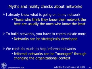 Myths and reality checks about networks I already know what is going on in my network  Those who think they know their network the best are usually the ones who know the least To build networks, you have to communicate more Networks can be strategically developed We can’t do much to help informal networks Informal networks can be “managed” through changing the organizational context Adapted from Cross et al. 2002 