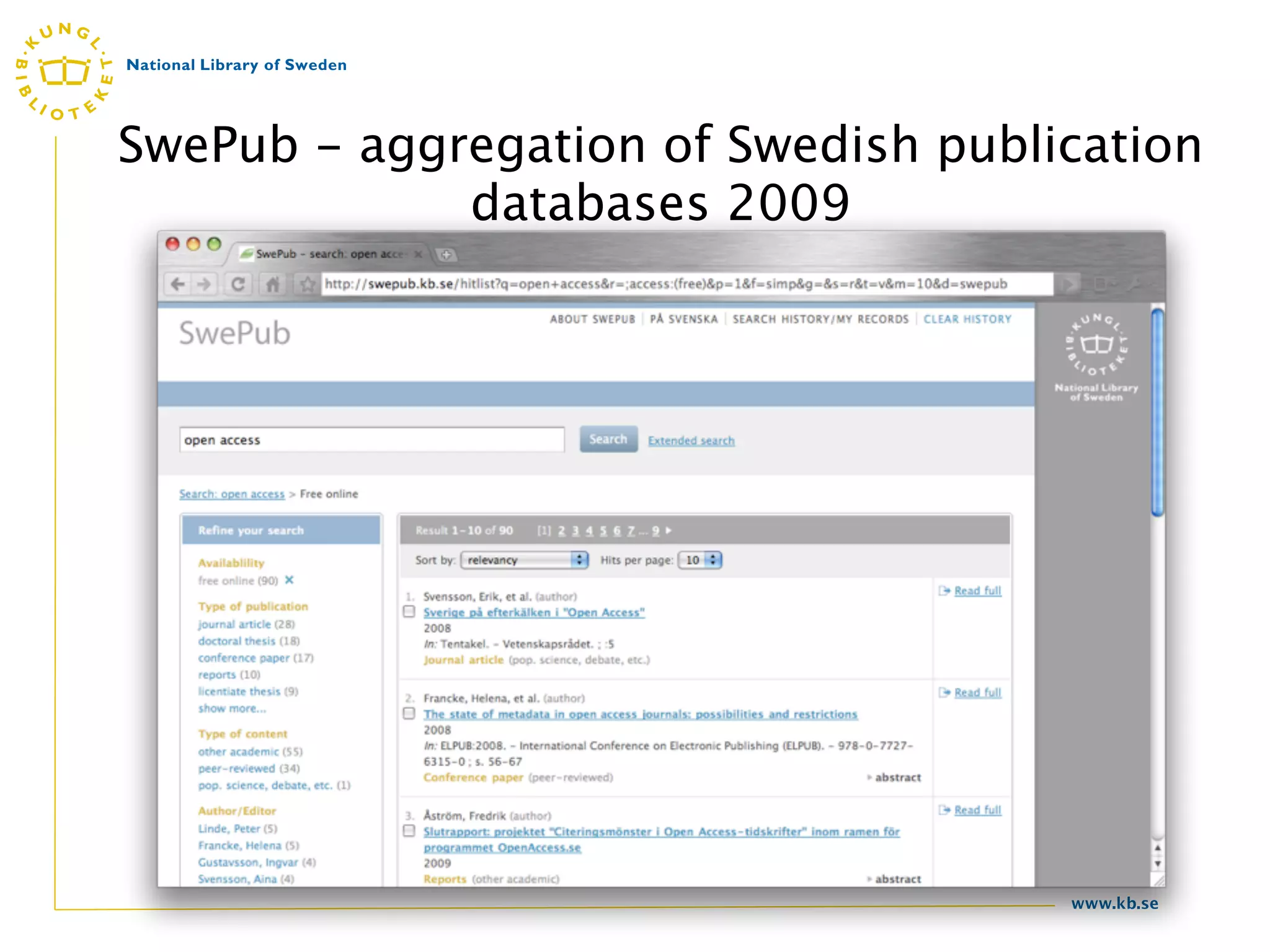 SwePub - aggregation of Swedish publication
             databases 2009




                                     www.kb.se
 