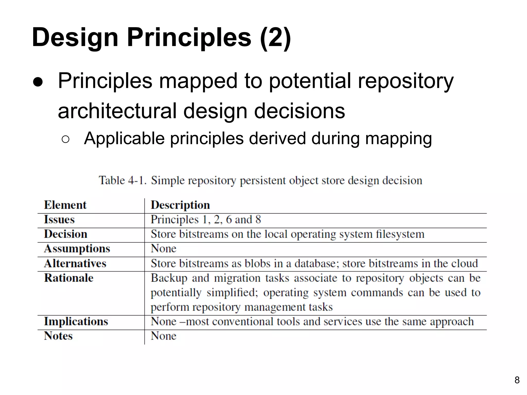 Design Principles (2)
8
● Principles mapped to potential repository
architectural design decisions
○ Applicable principles derived during mapping
 