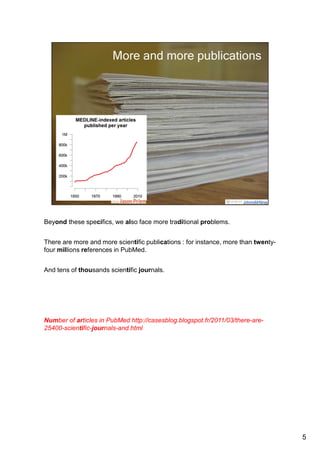 Beyond these specifics, we also face more traditional problems. 
These statements are well-known, but important to consider: 
There are more and more scientific publications : for instance, more than twenty-four 
millions references in PubMed. 
And tens of thousands scientific journals, more or less serious. 
Number of articles in PubMed http://casesblog.blogspot.fr/2011/03/there-are- 
25400-scientific-journals-and.html 
5 
 