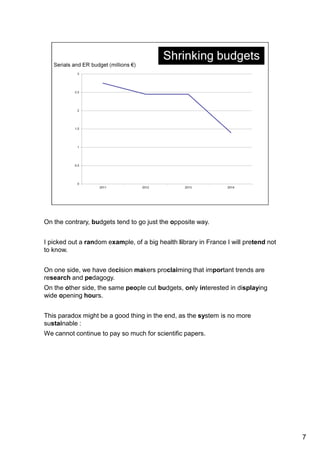 On the contrary, budgets tend to go just the opposite way. 
I picked out a random example, of a big health library in France I will pretend not 
to know. 
On one side, we have decision makers proclaiming that important trends are 
research and pedagogy. 
On the other side, the same people cut budgets, only interested in displaying 
wide opening hours. 
This paradox might be a good thing in the end, as the system is no more 
sustainable : 
We cannot continue to pay so much for scientific papers. 
7 
 