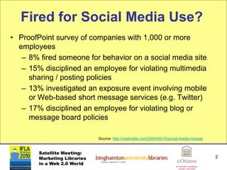 Fired for Social Media Use?
• ProofPoint survey of companies with 1,000 or more
  employees
   – 8% fired someone for beha...