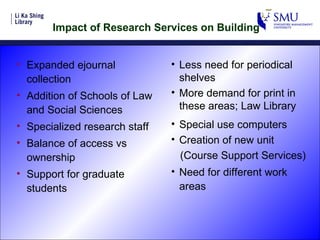   Impact of Research Services on Building Expanded ejournal collection Addition of Schools of Law and Social Sciences  Specialized research staff Balance of access vs ownership Support for graduate students Less need for periodical shelves More demand for print in these areas; Law Library Special use computers Creation of new unit (Course Support Services)  Need for different work areas 