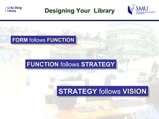 Designing Your  Library FORM  follows  FUNCTION FUNCTION  follows  STRATEGY STRATEGY  follows   VISION 