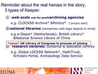 Reminder about the real heroes in the story,
3 types of Keeper:
① web-scale not-for-profitarchiving agencies
e.g. CLOCKSS Archive* &Portico* [*project start]
②national libraries (sometimes with legal deposit in mind)
e.g.e-Depot* (Netherlands); British Library*
&National Science Library of China
③ research libraries: consortia & specialist centres
e.g. Global LOCKSS Network*, HathiTrust,
Scholars Portal, Archaeology Data Service
*news* US Library of Congress in process of joining
 