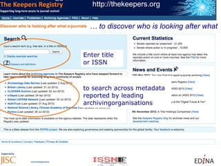 http://thekeepers.org
Enter title
or ISSN
to search across metadata
reported by leading
archivingorganisations
… to discover who is looking after what
 
