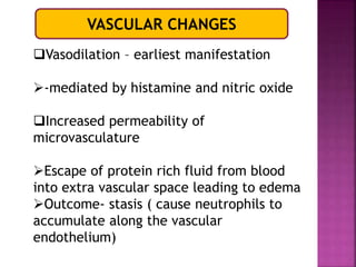VASCULAR CHANGES
Vasodilation – earliest manifestation
-mediated by histamine and nitric oxide
Increased permeability of
microvasculature
Escape of protein rich fluid from blood
into extra vascular space leading to edema
Outcome- stasis ( cause neutrophils to
accumulate along the vascular
endothelium)
 